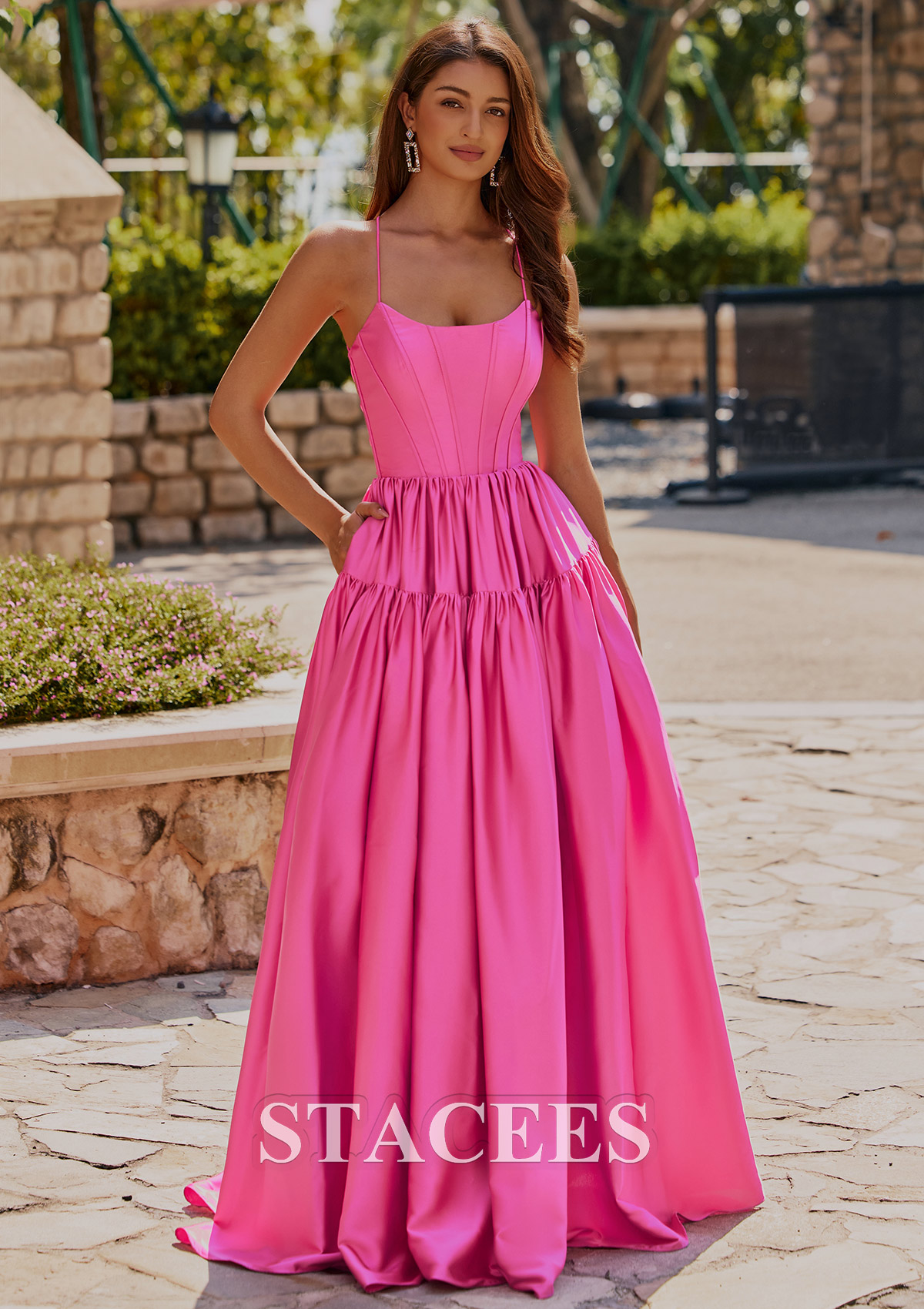 Hot Pink Classic Ball-Gown Satin Prom Dress with Strappy Open Back - STACEES