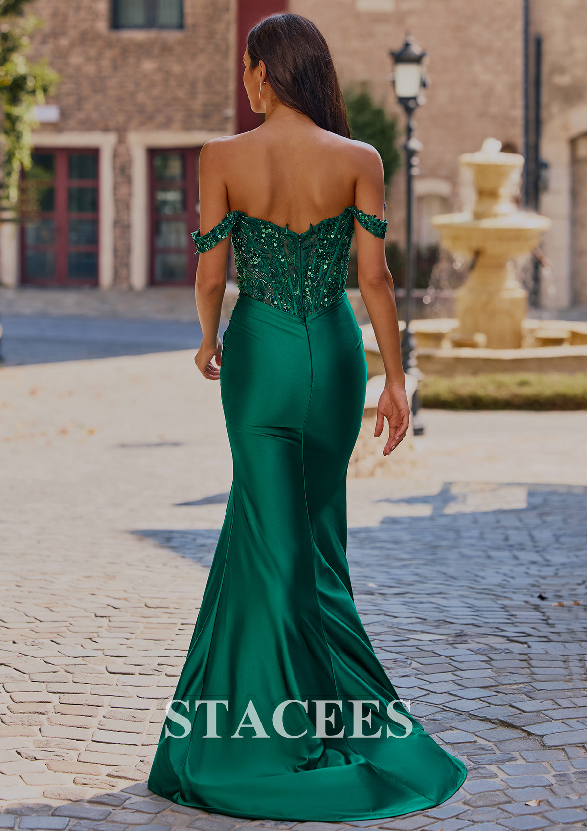 Vert Foncé Trumpette/Sirène épaule dénudée soie comme du satin traîne balayage robe de bal avec appliqué perles paillettes - STACEES
