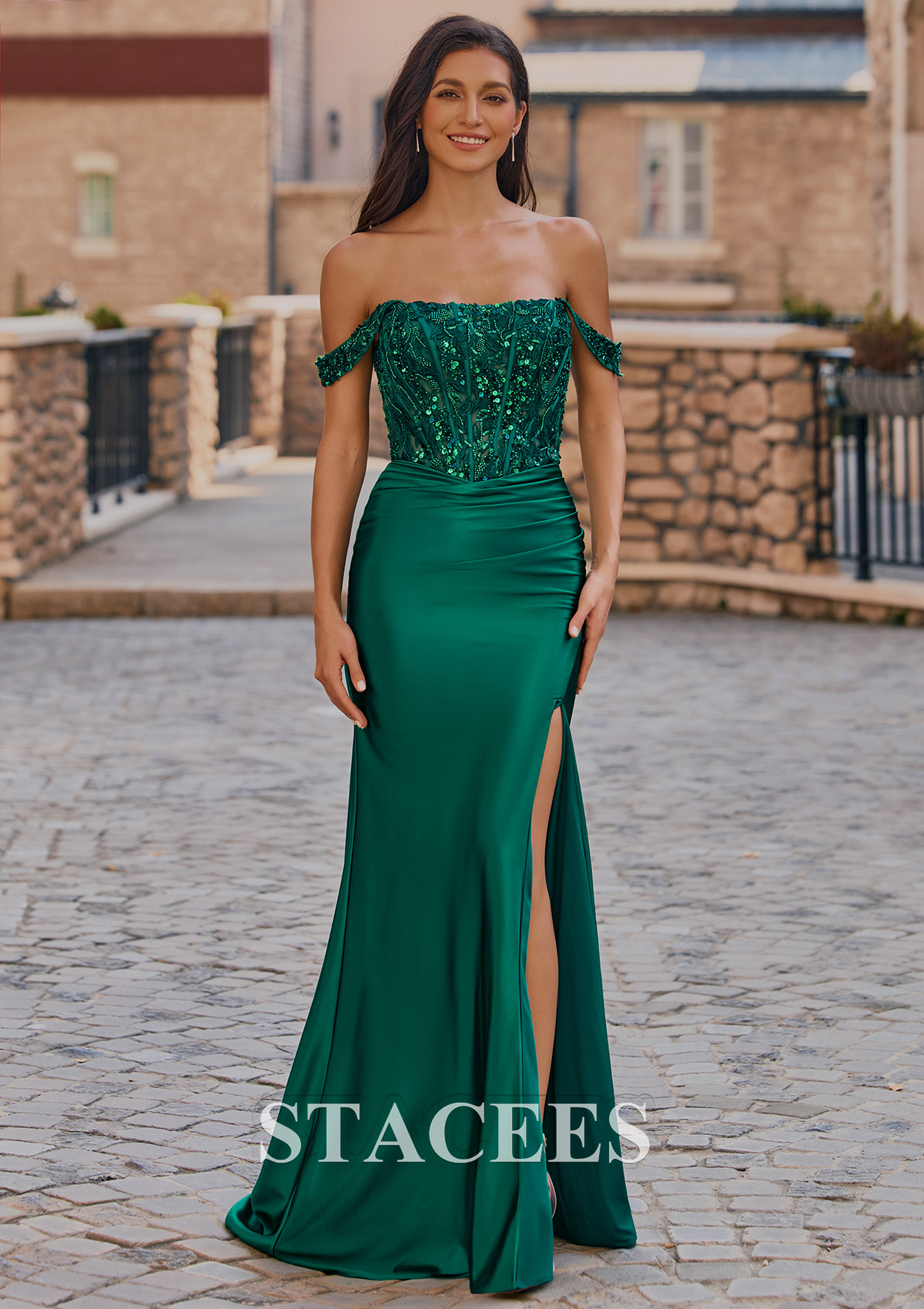 Vert Foncé Trumpette/Sirène épaule dénudée soie comme du satin traîne balayage robe de bal avec appliqué perles paillettes - STACEES