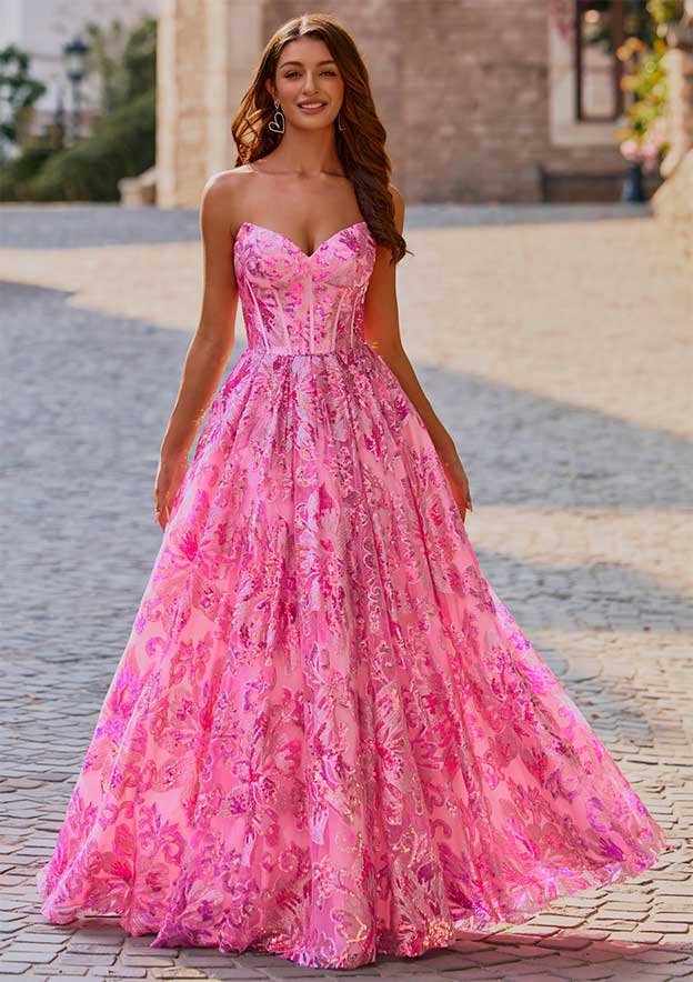 Sparkly A-line Strapless Floral Sequined Floor-Length Pockets Prom Dress
