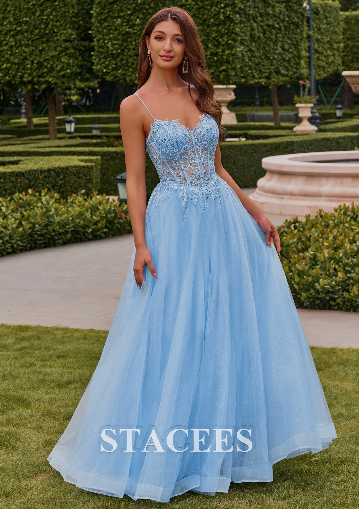 Azul Cielo Vestido línea a escote en v tul hasta el suelo vestido de graduación - STACEES