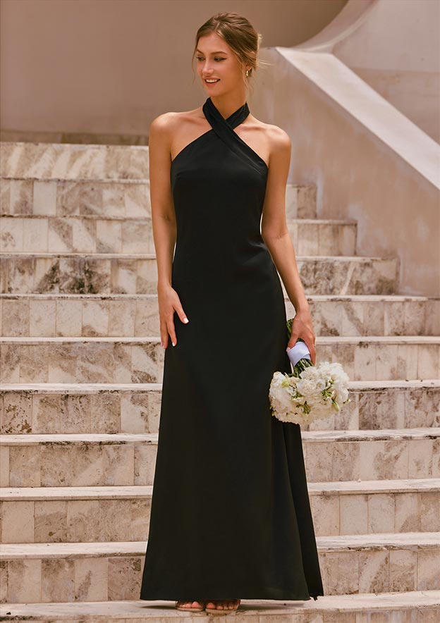 cross front bridesmaid dress Eva Fashion Halter Long Bridesmaids Dress - Silver - Size S