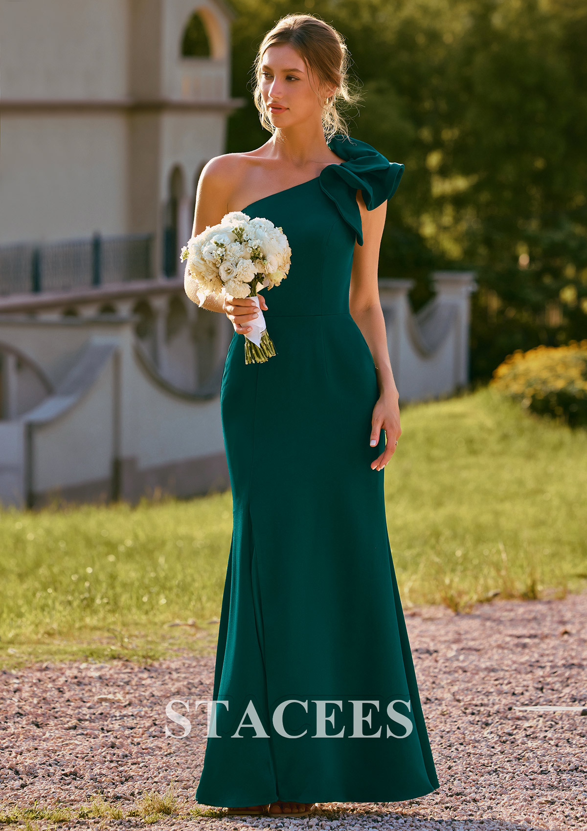 Dark Green Ruffle Flowy One-Shoulder Stretch Crepe Bodycon Mermaid Bridesmaid Dress with Slit