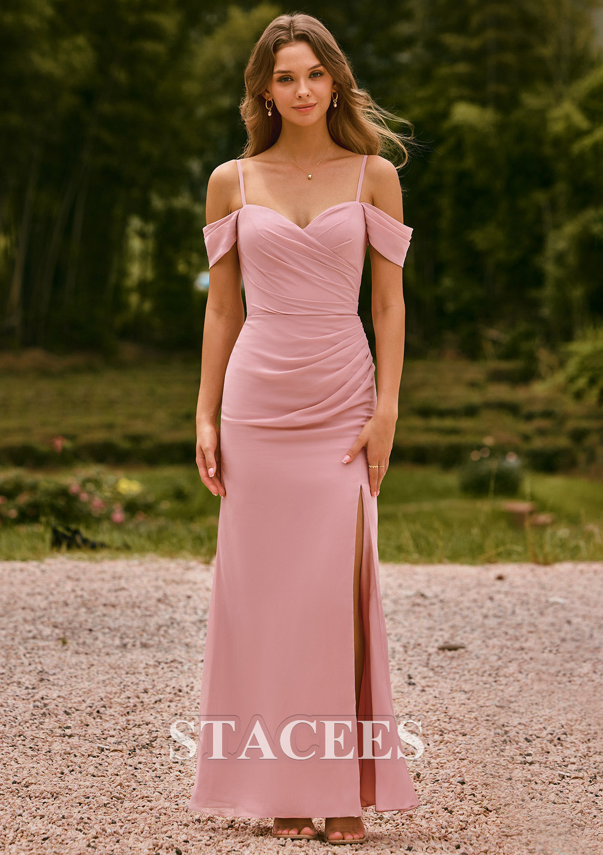 Sheath Off-Shoulder Ruched Chiffon Floor-Length Slit Bridesmaid