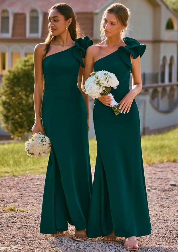 one shoulder crepe satin ruffle bridesmaid dress Tight One-Shoulder Stretch Satin Ruffle Bridesmaid Dress with Slit S6073B - Bridesmaid  Dresses