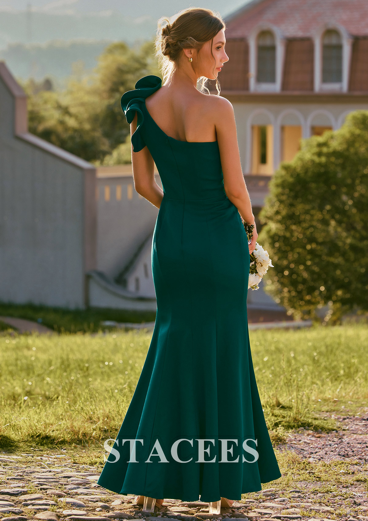 Dark Green Mermaid Ruffle One-Shoulder Stretch Crepe Bridesmaid Dress with Slit
