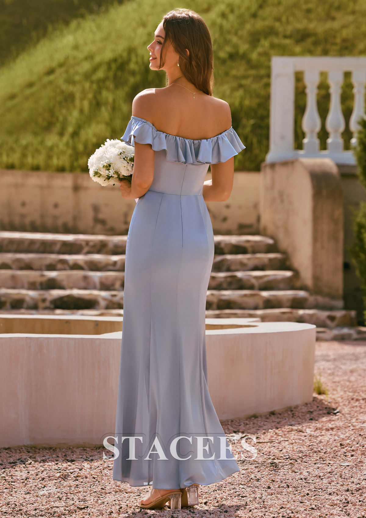 off the shoulder satin kleinfeld bridesmaid dress Long Satin Cold-Shoulder Kleinfeld Bridesmaid Dress