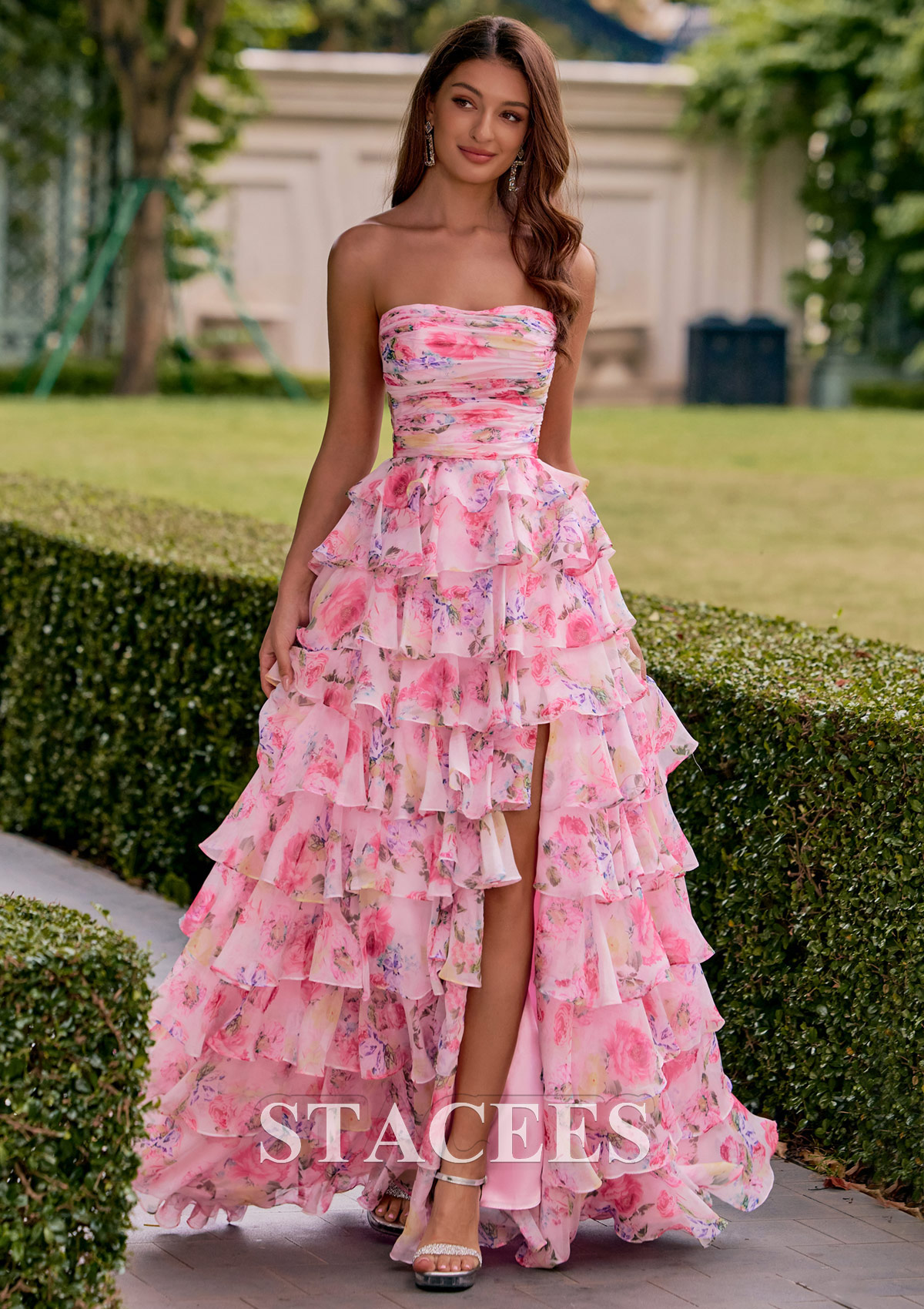 chiffon high low prom dresses Long Chiffon Ruffled Prom Dress with Lace-Up Corset Black / 2