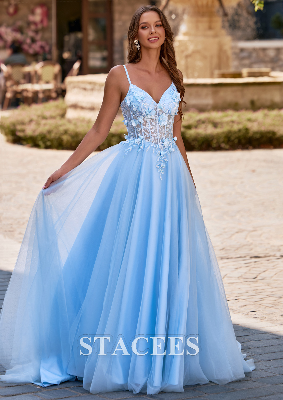 Sky Blue Ball Gown 3D Floral Applique Sheer Corset Tulle Prom Dress with Lace-Up Back - STACEES