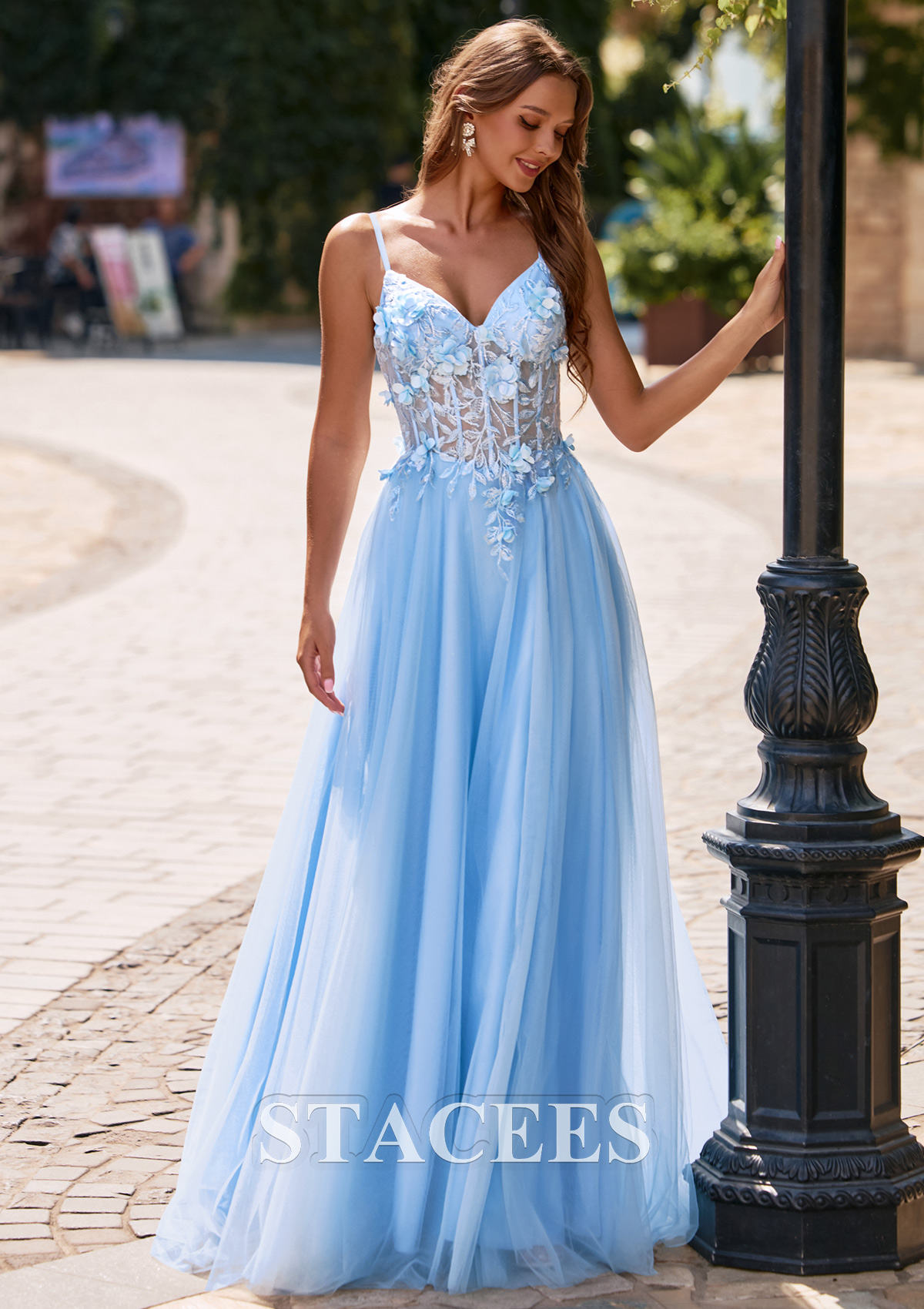 Sky Blue Ball Gown 3D Floral Applique Sheer Corset Tulle Prom Dress with Lace-Up Back - STACEES