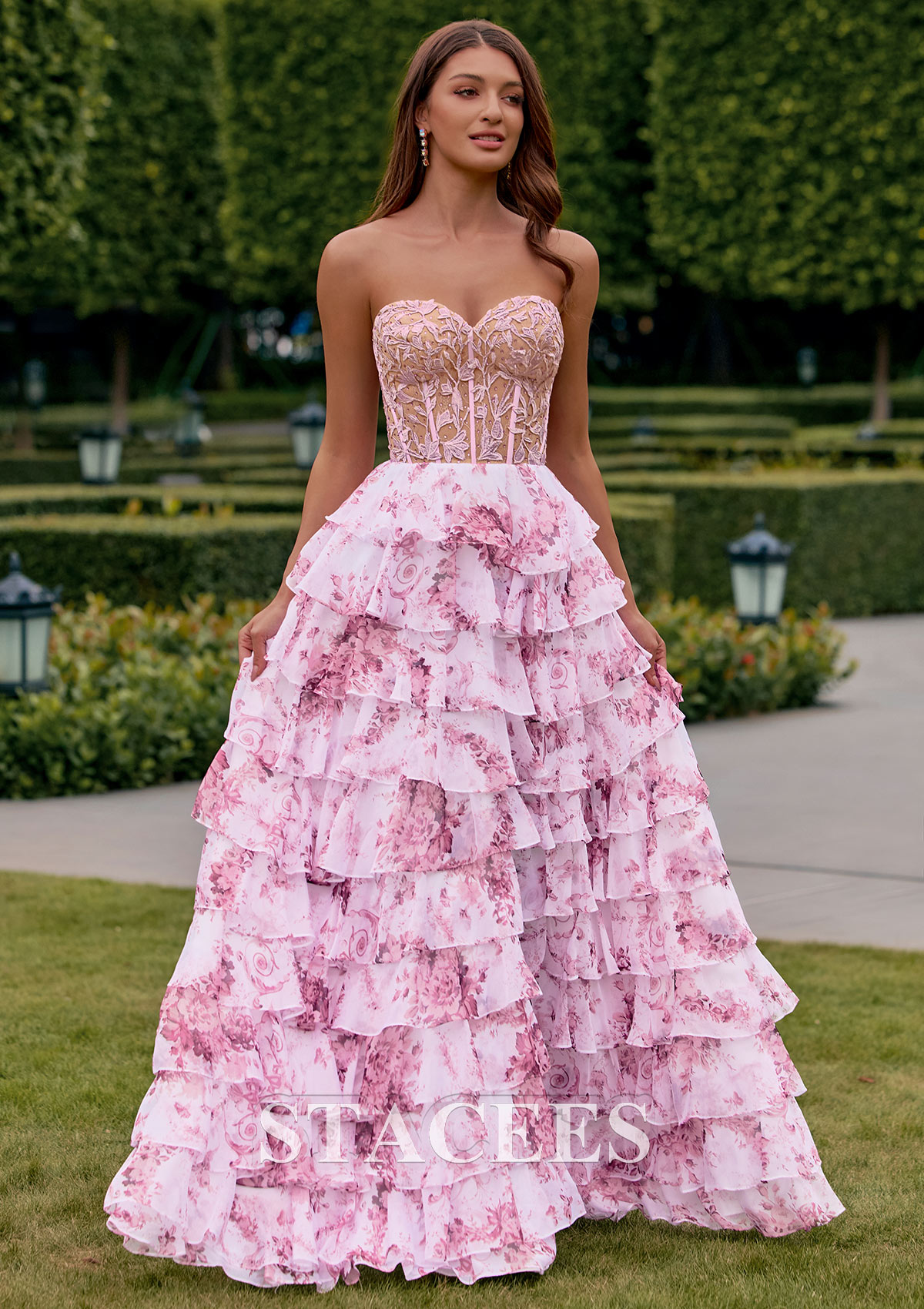 Blushing Pink Floral Floral Print A-line Strapless Beaded Lace Corset Ruffle Prom Dress with Slit - STACEES