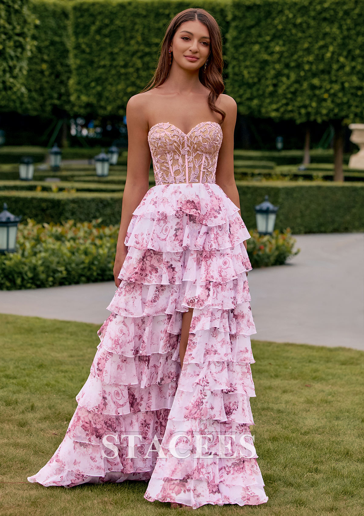 Blushing Pink Floral Floral Print A-line Strapless Beaded Lace Corset Ruffle Prom Dress with Slit - STACEES