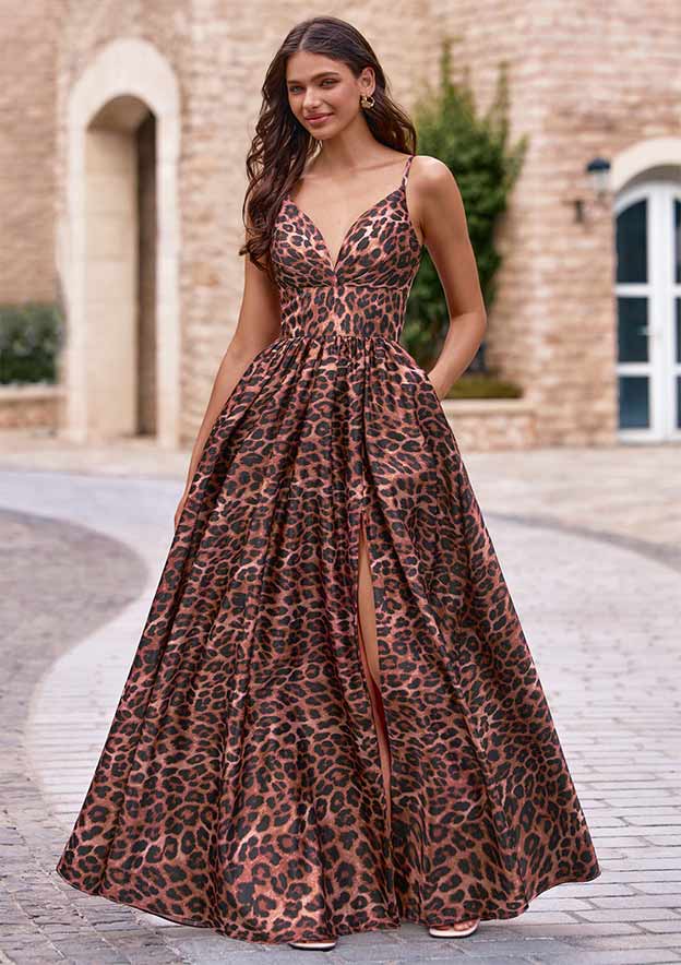 cheetah bridesmaid dresses A-line Plunging V Neck Leopard Print Slit Prom Dress with Pockets Short Prom Gown Uniforms of the United Size:G perfect for dancing the