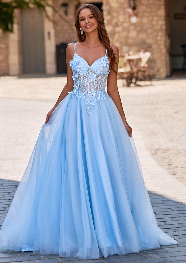 Ball Gown 3D Floral Applique Sheer Corset Tulle Prom Dress with Lace-Up Back