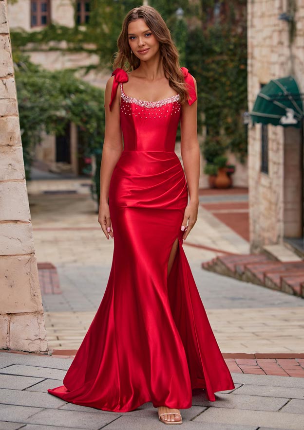Mermaid Beaded Scoop Neck Ruched Slit Prom Dress with Bow Straps