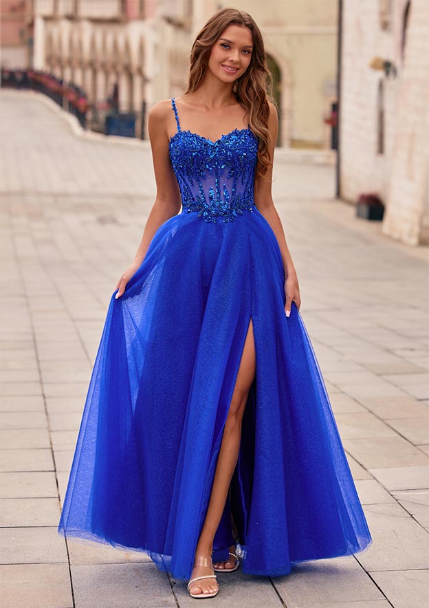A-line Beading Sequins Illusion Corset Glitter Tulle Prom Dress with High Slit