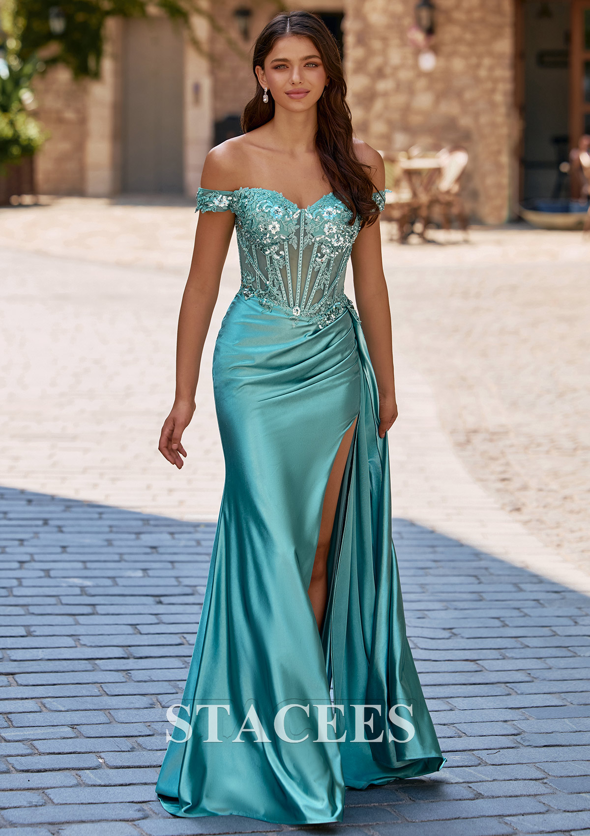 Agave Green Fitted Off-the-Shoulder Lace Appliqued Corset Slit Prom Dress with Side Drape - STACEES