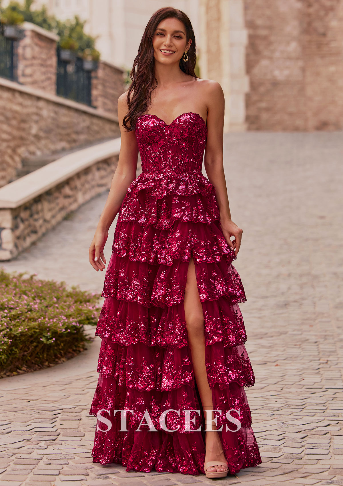 sequin prom dresses under 100 Stacees 2026 Sparkly Strapless Sequin Prom Dress with Slit Ruffled Skirt