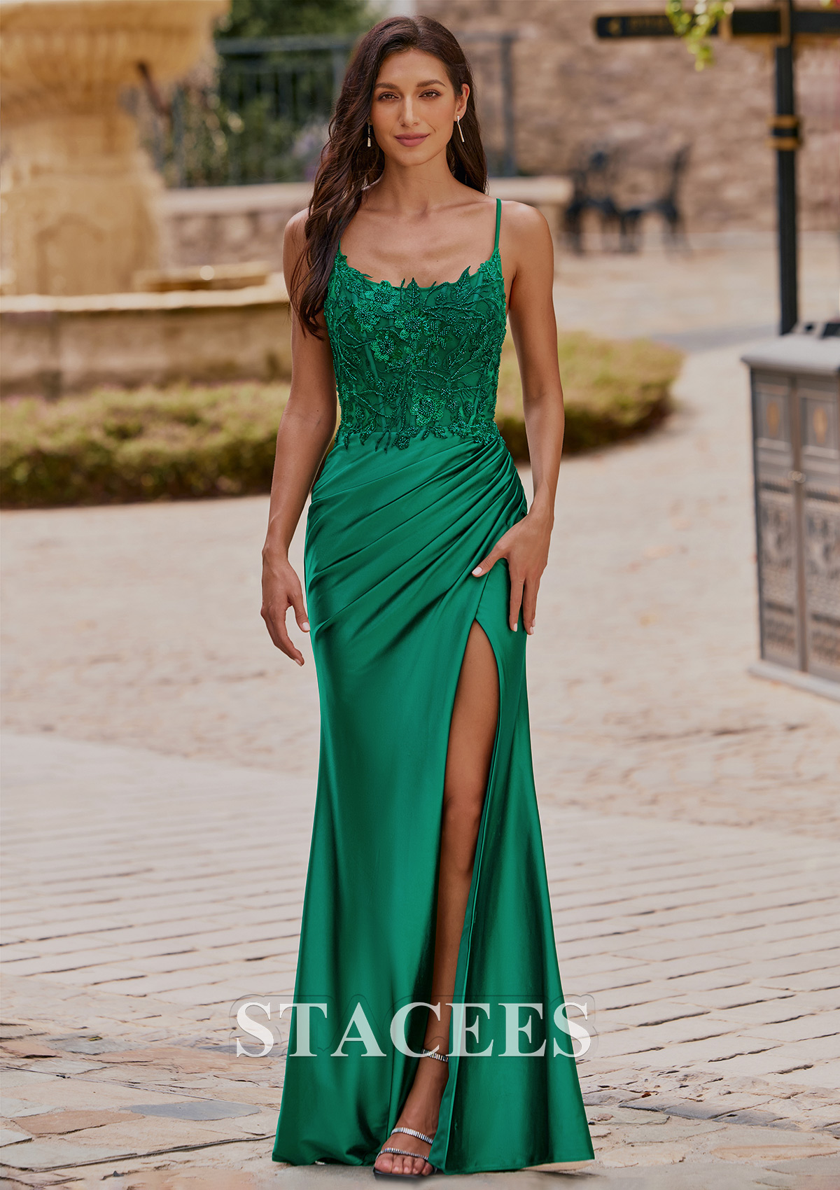 Dark Green Fitted Scoop Neck Embroidered Lace Corset Floor-Length Slit Prom Dress - STACEES