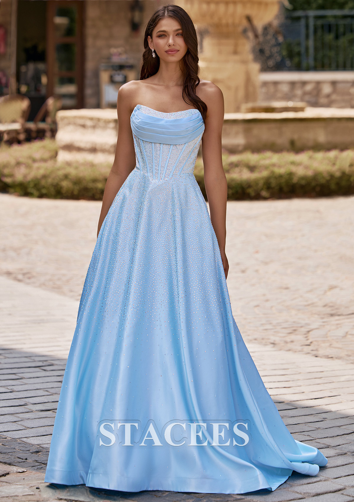 Sky Blue Sparkling A-line Strapless Ruched Corset Hot Fix Satin Prom Dress with Pockets