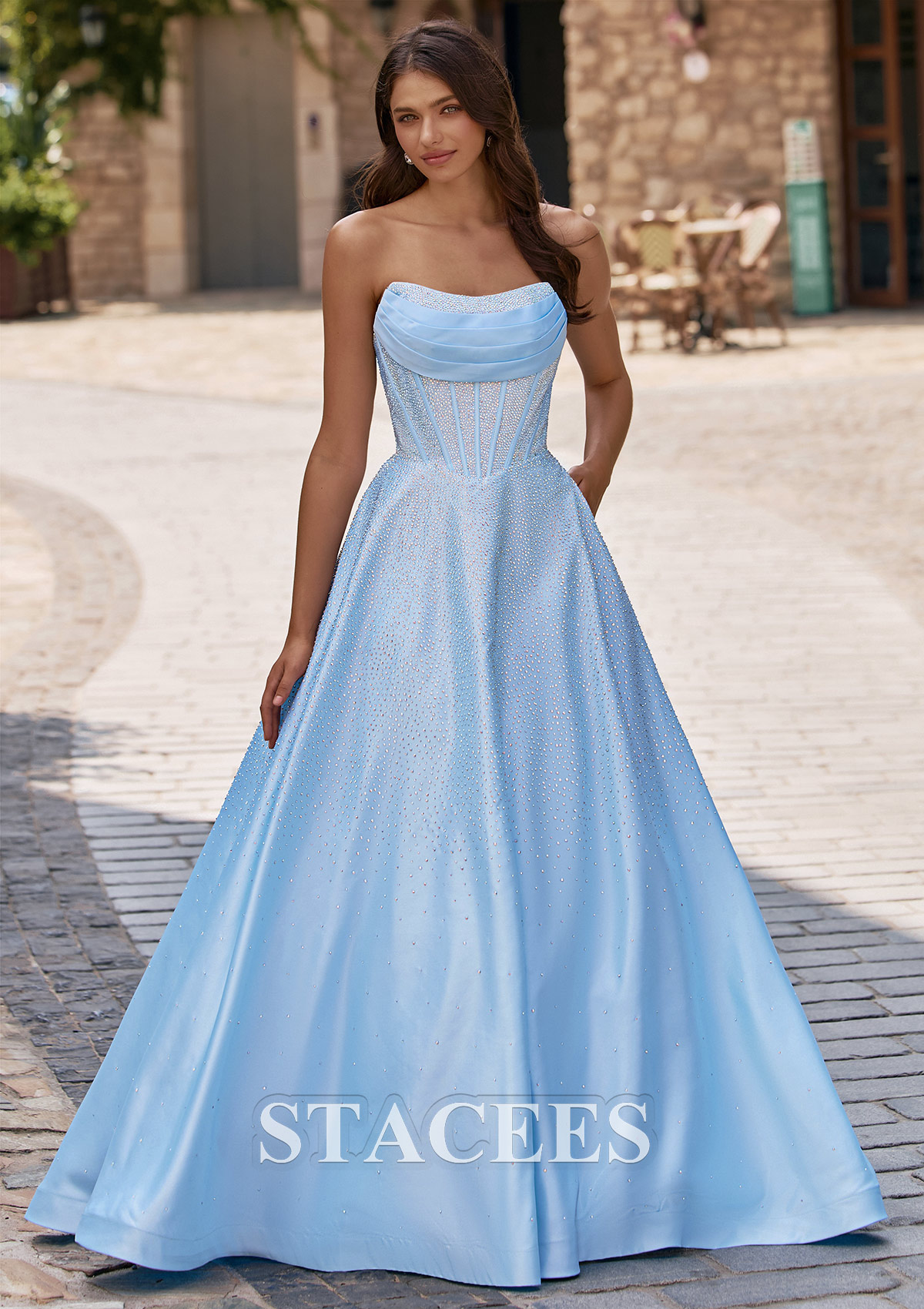 Sky Blue Sparkling A-line Strapless Ruched Corset Hot Fix Satin Prom Dress with Pockets