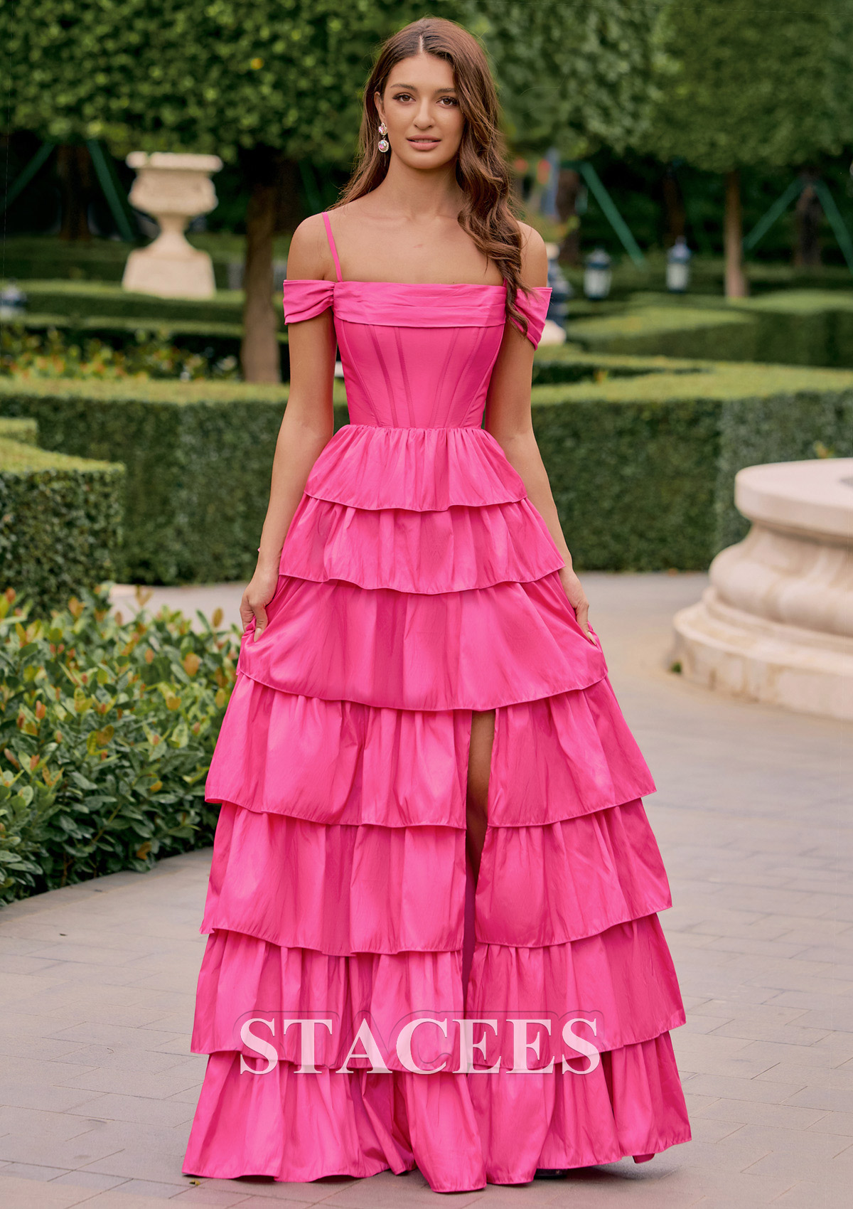 Hot Pink A-line Off-the-Shoulder Straps Taffeta Tiered Ruffle Prom Dress with Slit - STACEES