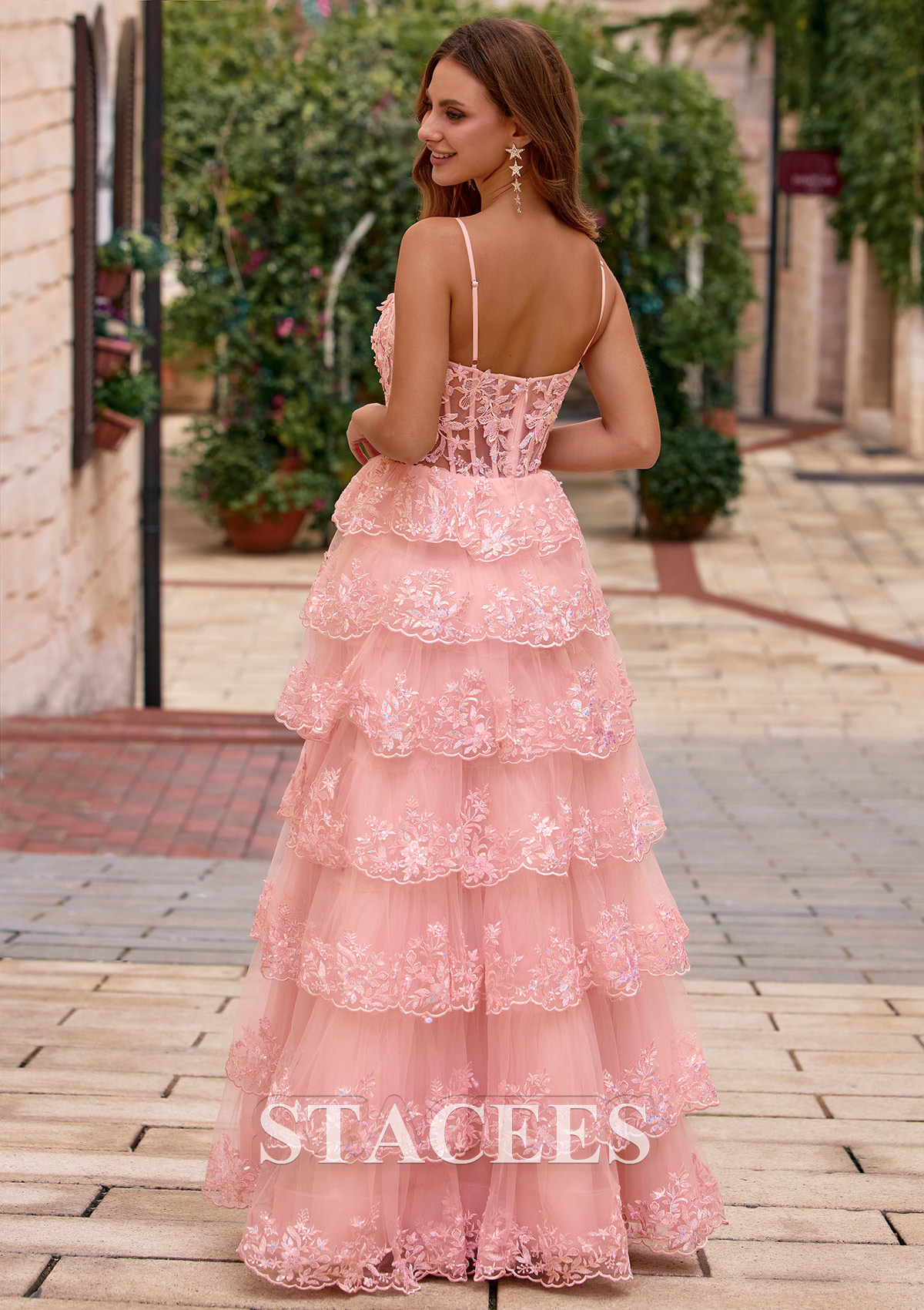tiered floral lace dress Floral Lace Tiered Wedding Guest Dress with Bow Straps