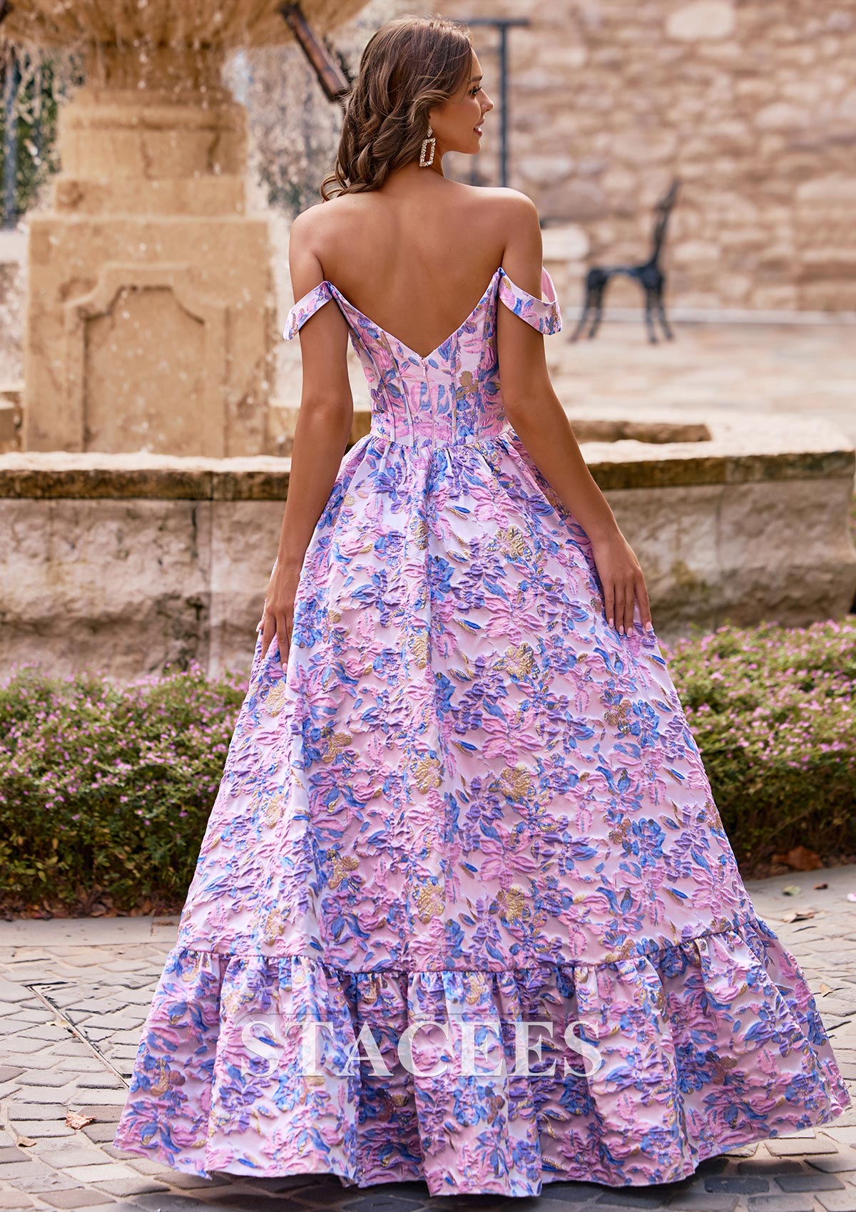 Pink Lilac Floral Trapèze robe princesse épaule dénudée brocart longueur ras du sol robe de bal avec volants imprimé floral - STACEES