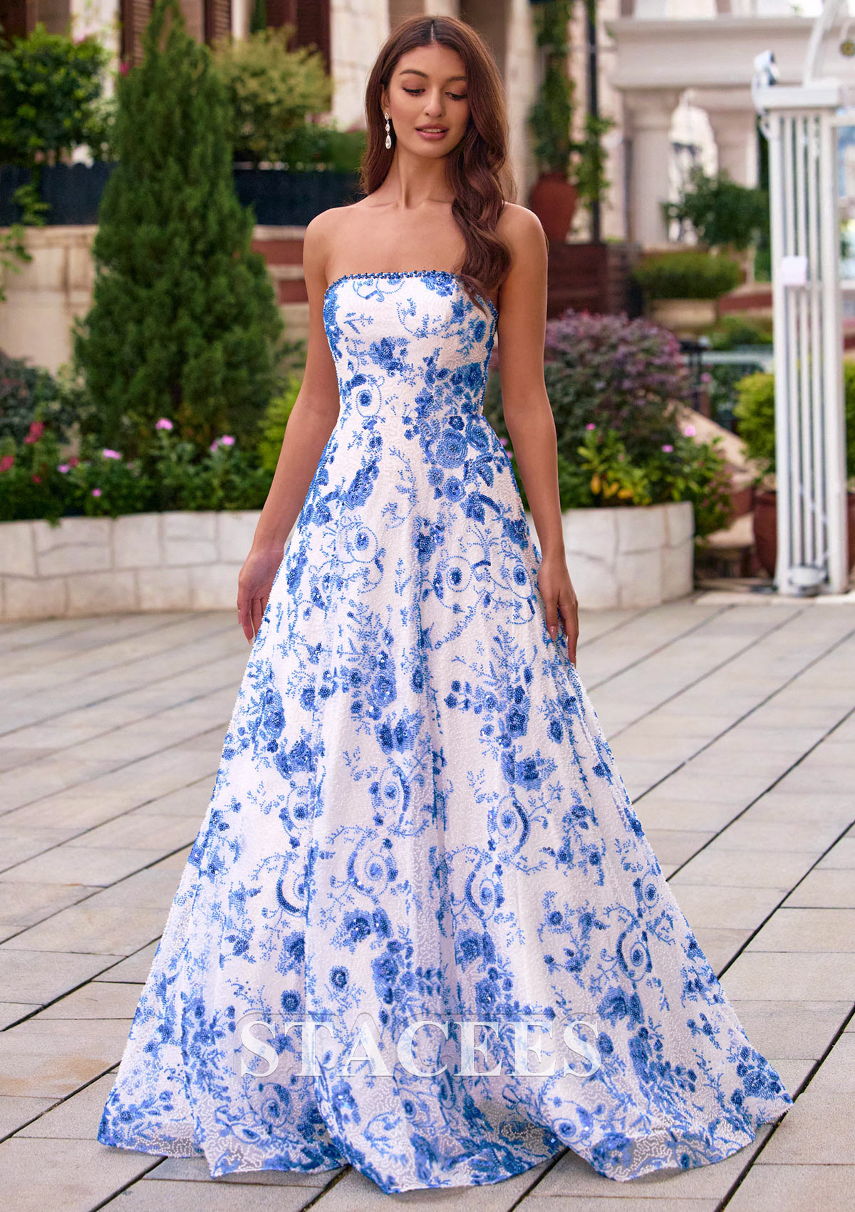 white and blue dresses for womens Blue and White Floral Tiered Maxi Dress