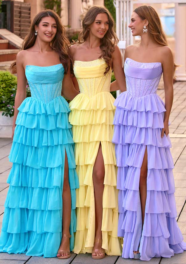 A-line Ruched Strapless Hot Fix Corset Chiffon Tiered Ruffle Prom Dress with Slit
