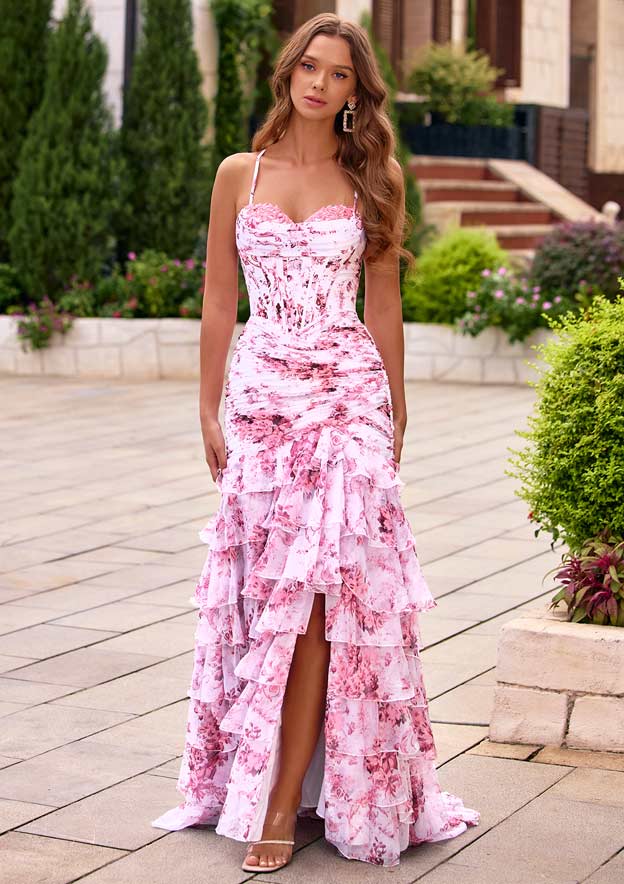 Fitted Ruched Corset Floral Tiered Ruffle Slit Prom Dress with Detachable Straps