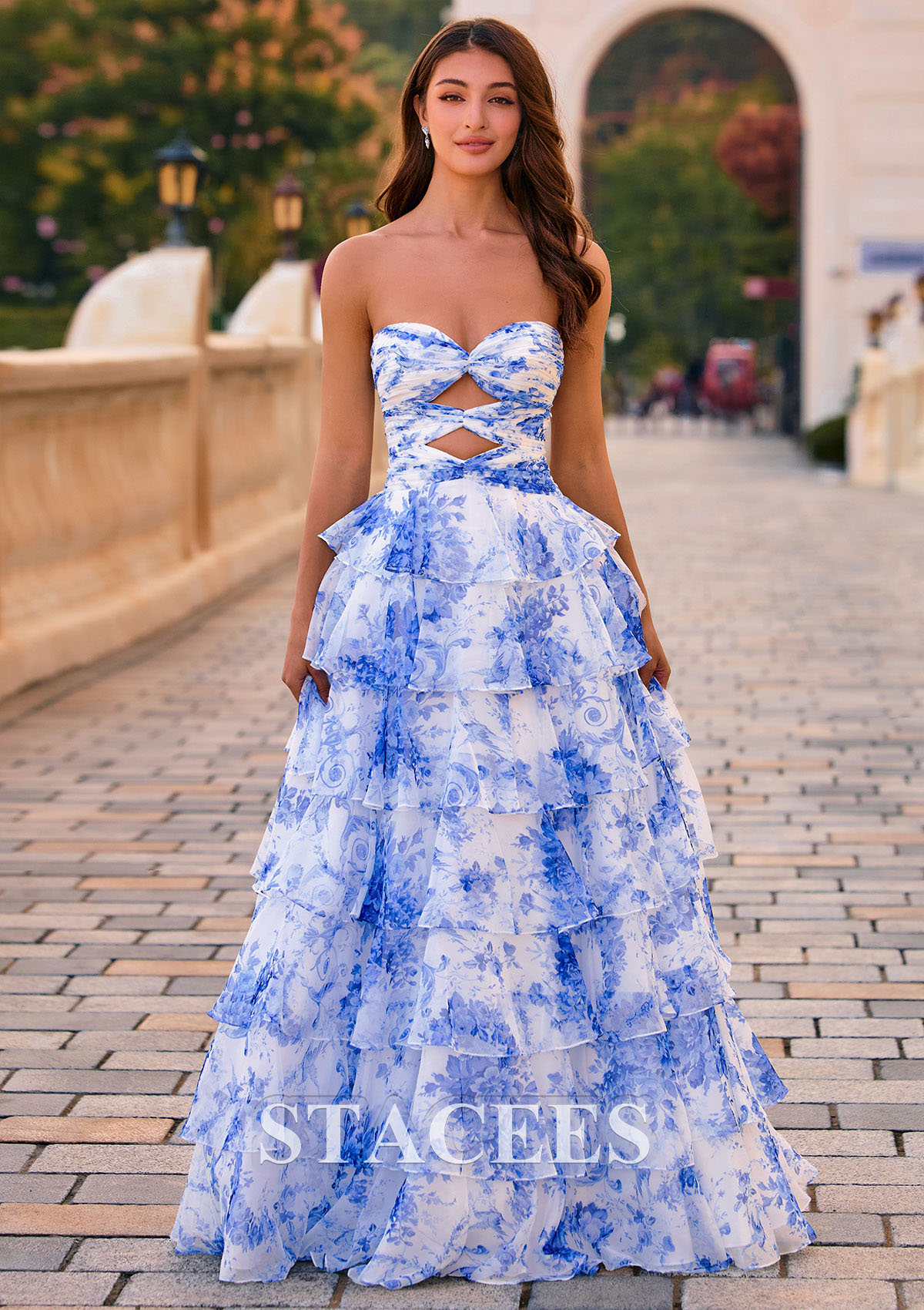 colorful a line dress Stacees 2026 Floral Print Strapless Ruched Corset Ruffle Prom Dress with Slit