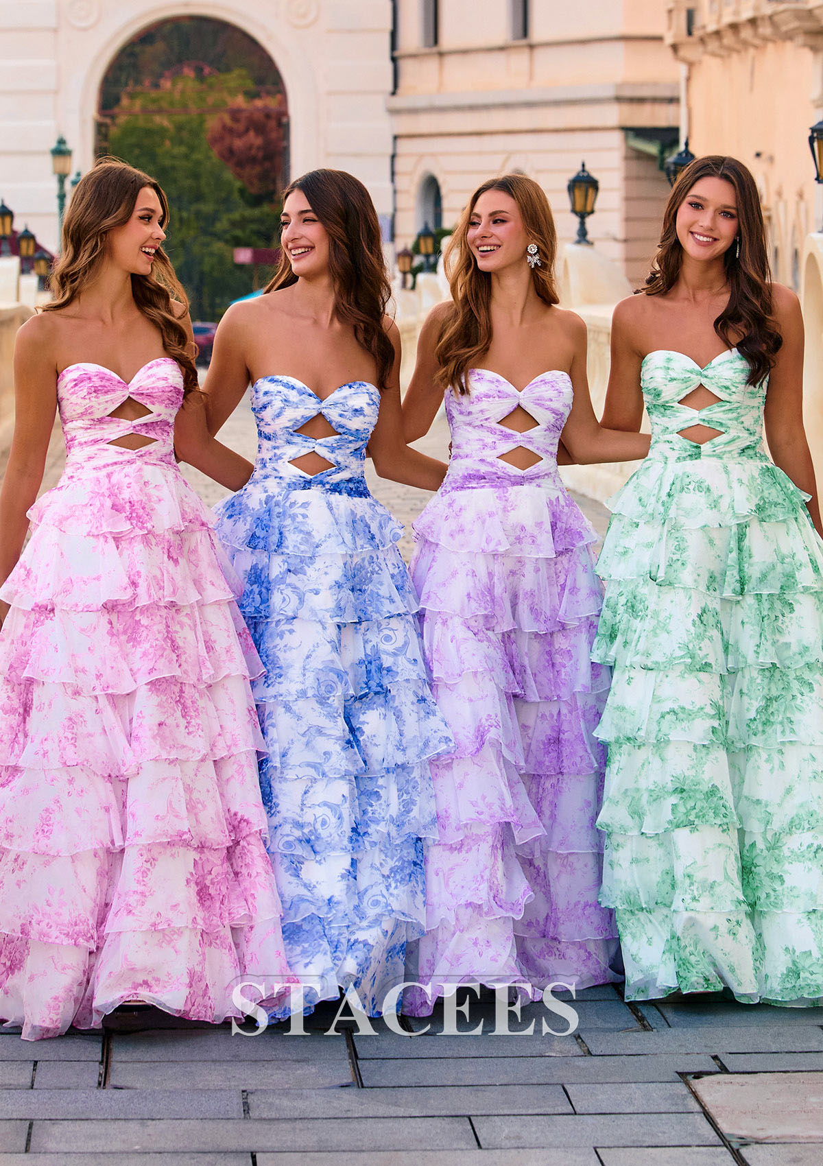 Floral Azul Oceánico Vestido línea a cuello de corazón gasa hasta el suelo vestido de graduación - STACEES