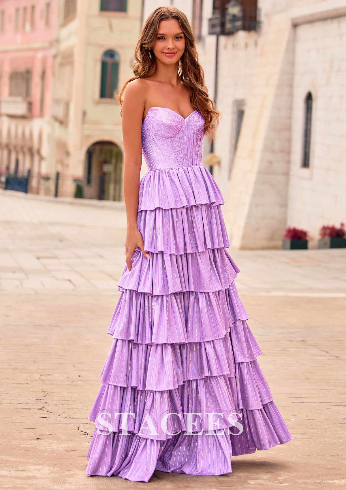 Lilac A-line Sweetheart Strapless Corset Hot Fix Silk like Satin Prom Dress with Slit - STACEES