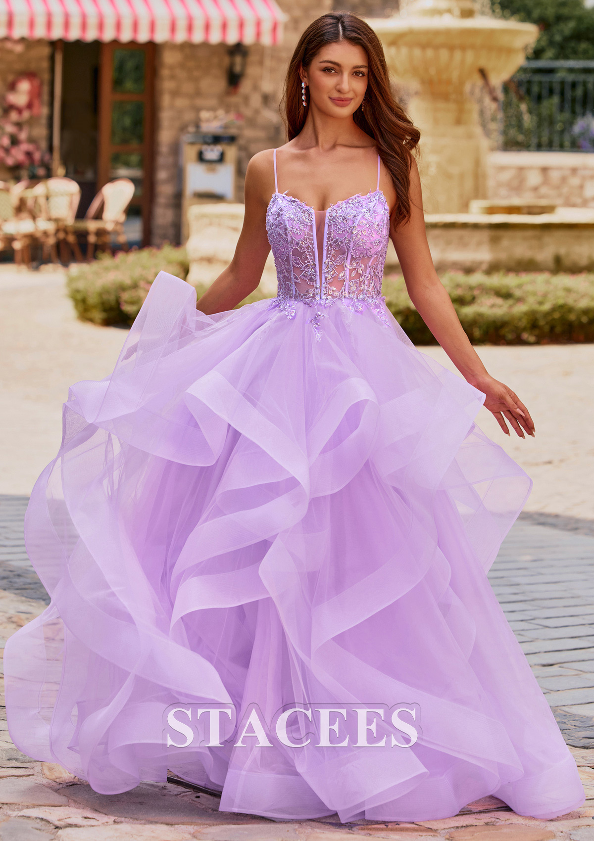 Lilac Ball Gown V Neck Beading Sequins Corset Ruffled Tulle Prom Dress - STACEES