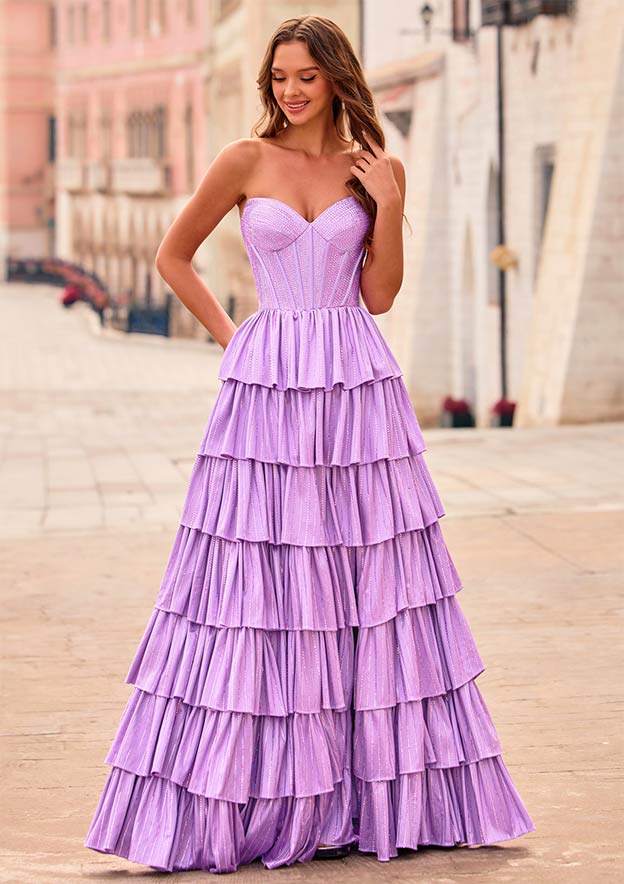 A-line Sweetheart Strapless Corset Hot Fix Silk like Satin Prom Dress with Slit