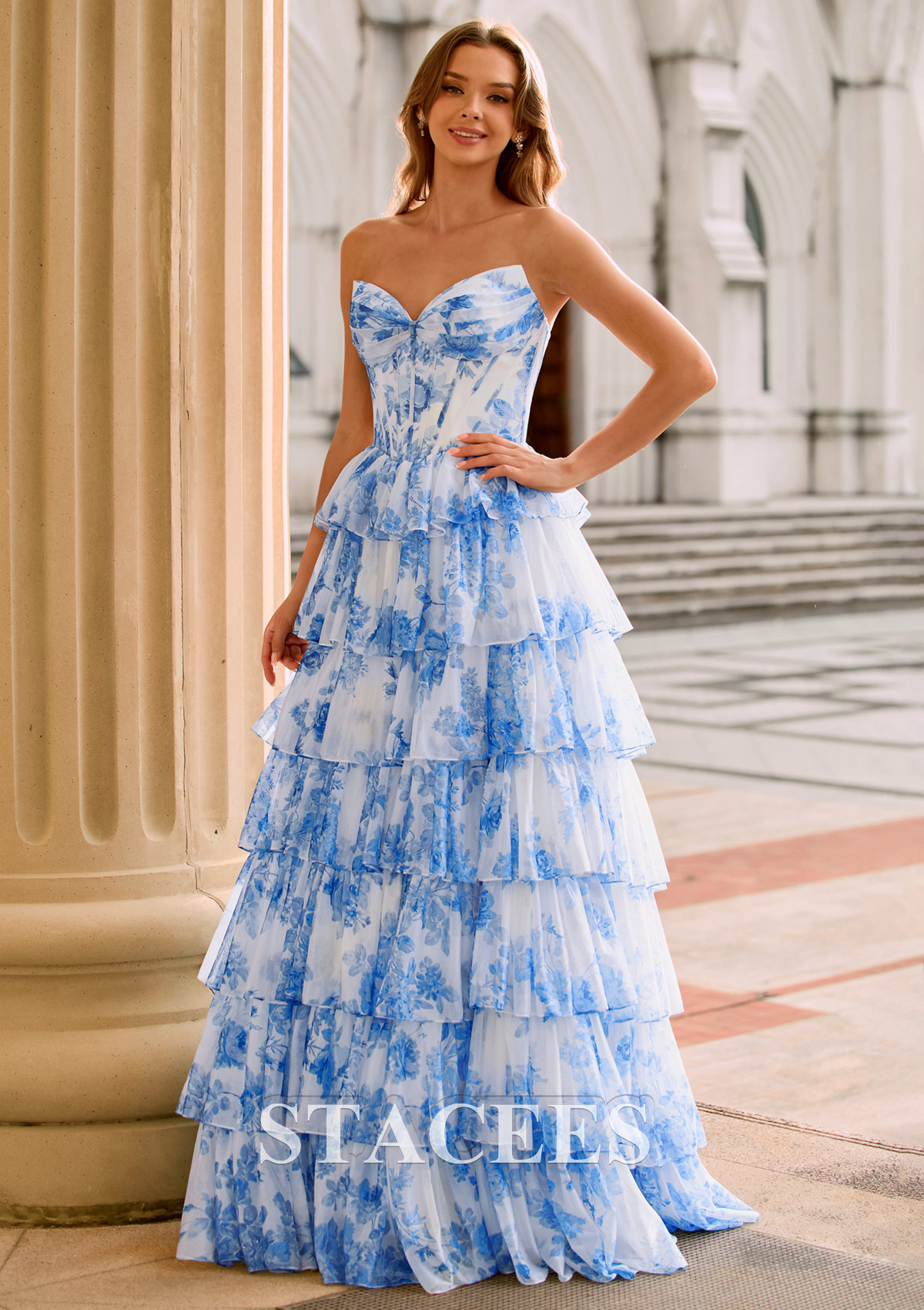 a line dress floral Stacees 2026 Strapless Sage Floral Print A-Line Prom Dress with Beaded Neck