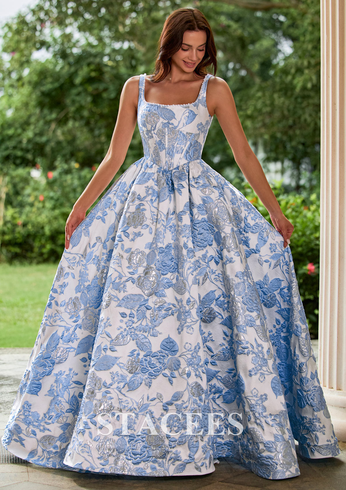 Sky Blue Floral Floral Brocade Pearls Square Neckline Corset Ball Gown Prom Dress