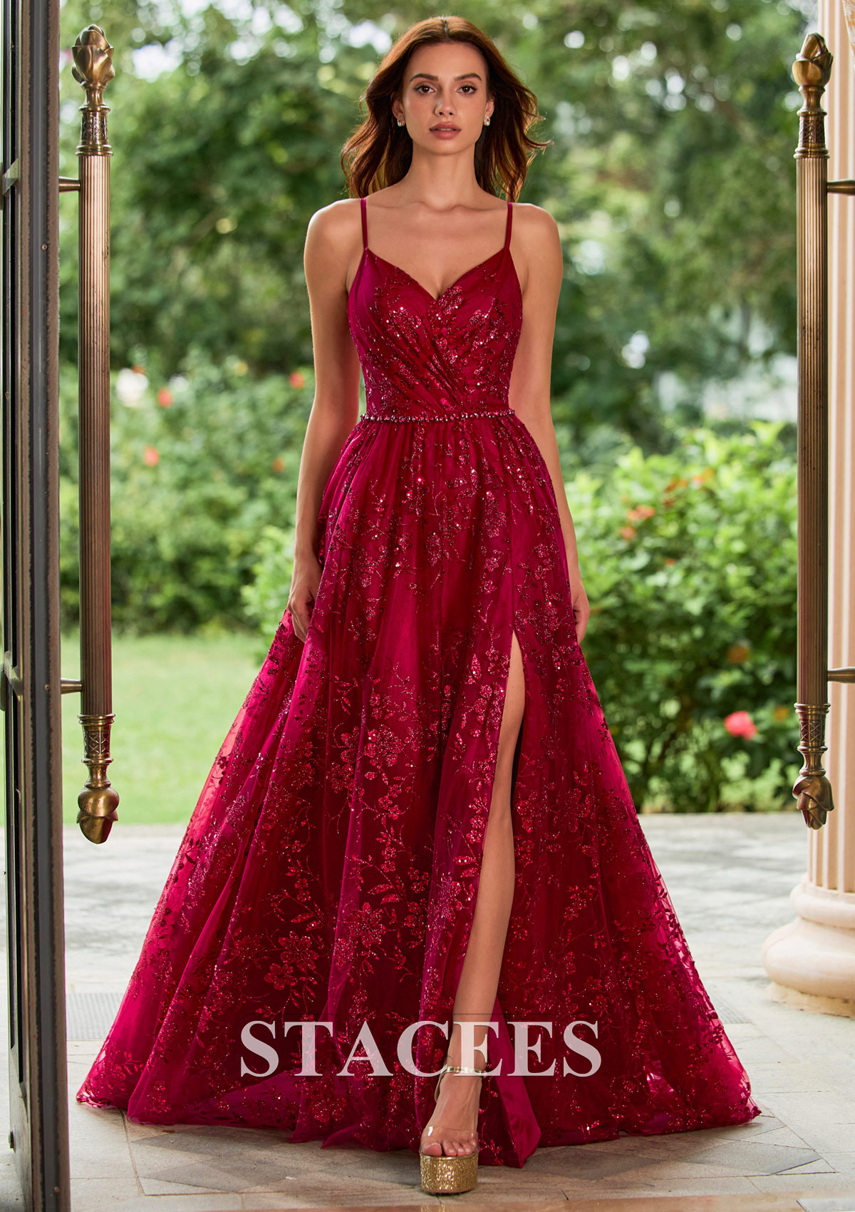 Burgundy Floral Sequin Glitter A-line Slit Prom Dress with Beaded Waistband - STACEES