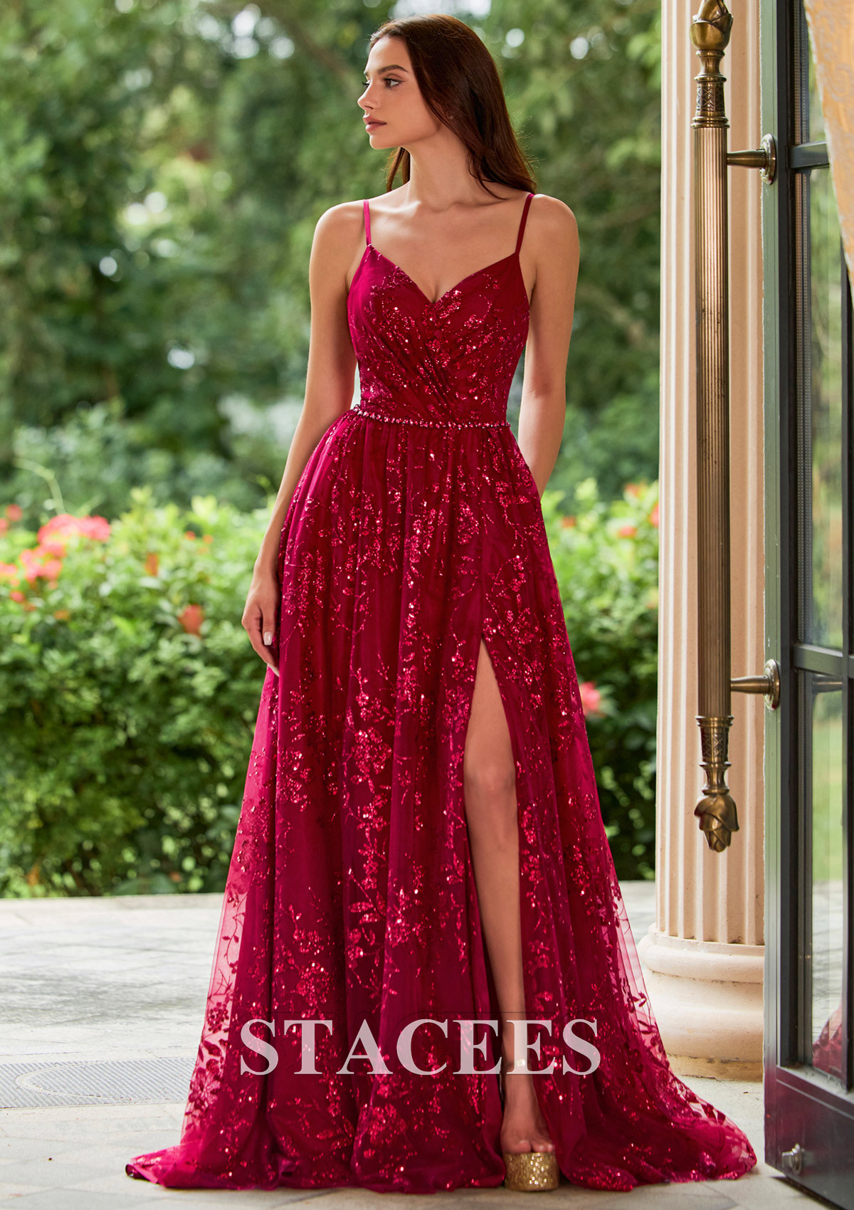 Burgundy Floral Sequin Glitter A-line Slit Prom Dress with Beaded Waistband - STACEES