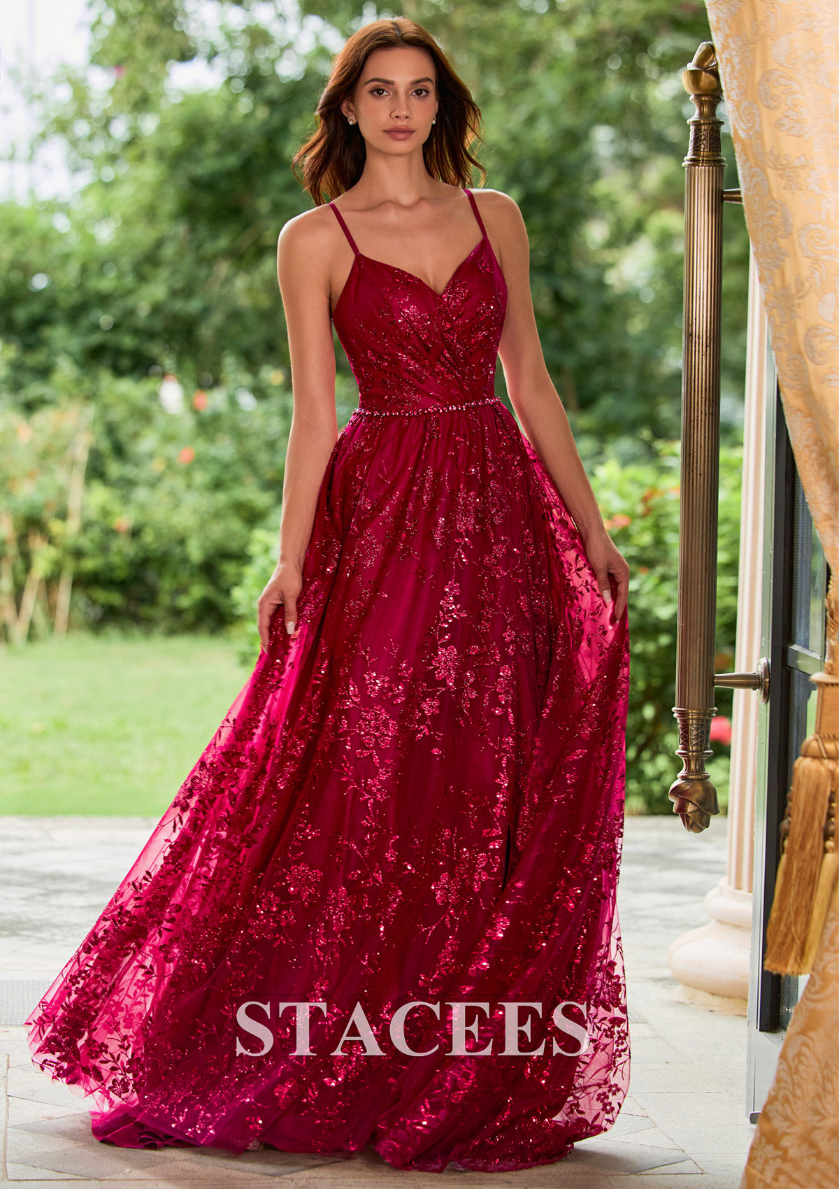 Burgundy Floral Sequin Glitter A-line Slit Prom Dress with Beaded Waistband - STACEES