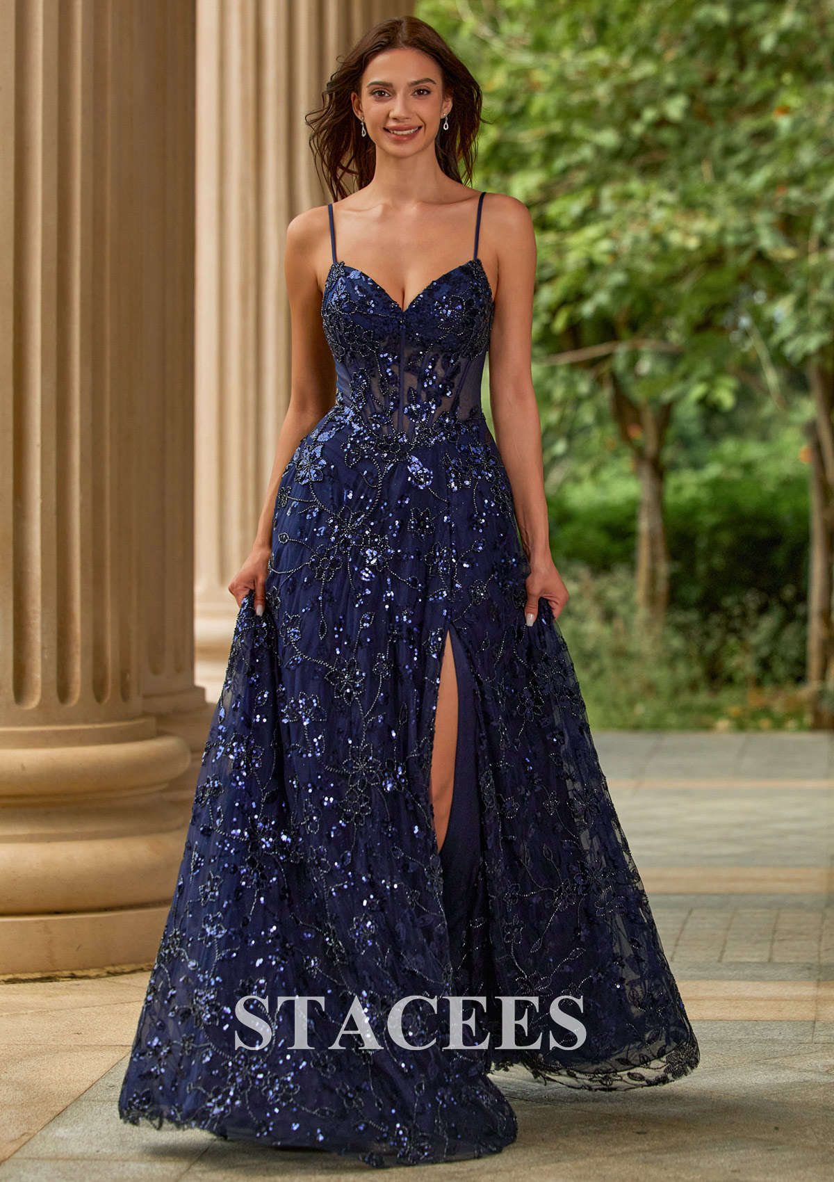 sequin a line prom dress Beading Sequin Lace Corset A‑Line Prom Dress with High Slit Lace‑Up Back  S9124P - Prom Dresses