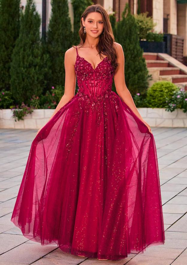 A-line Sheer Boned Corset Glitter Slit Prom Dress with 3D Floral Applique