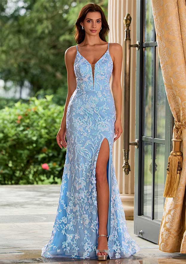 plunging v neck formal dress Stacees 2026 Sky Blue Fitted V-Neck Sequin Prom With Cutout Back PO138