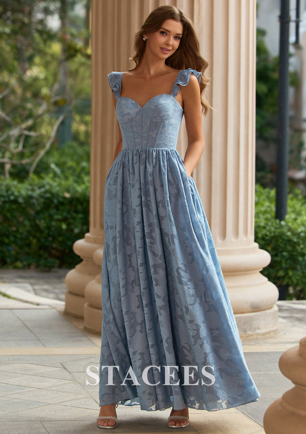 cheap casual prom dresses A-line Sweetheart Floral Jacquard Prom Dress with Ruffle Straps  PocketsS9108P - Prom Dresses
