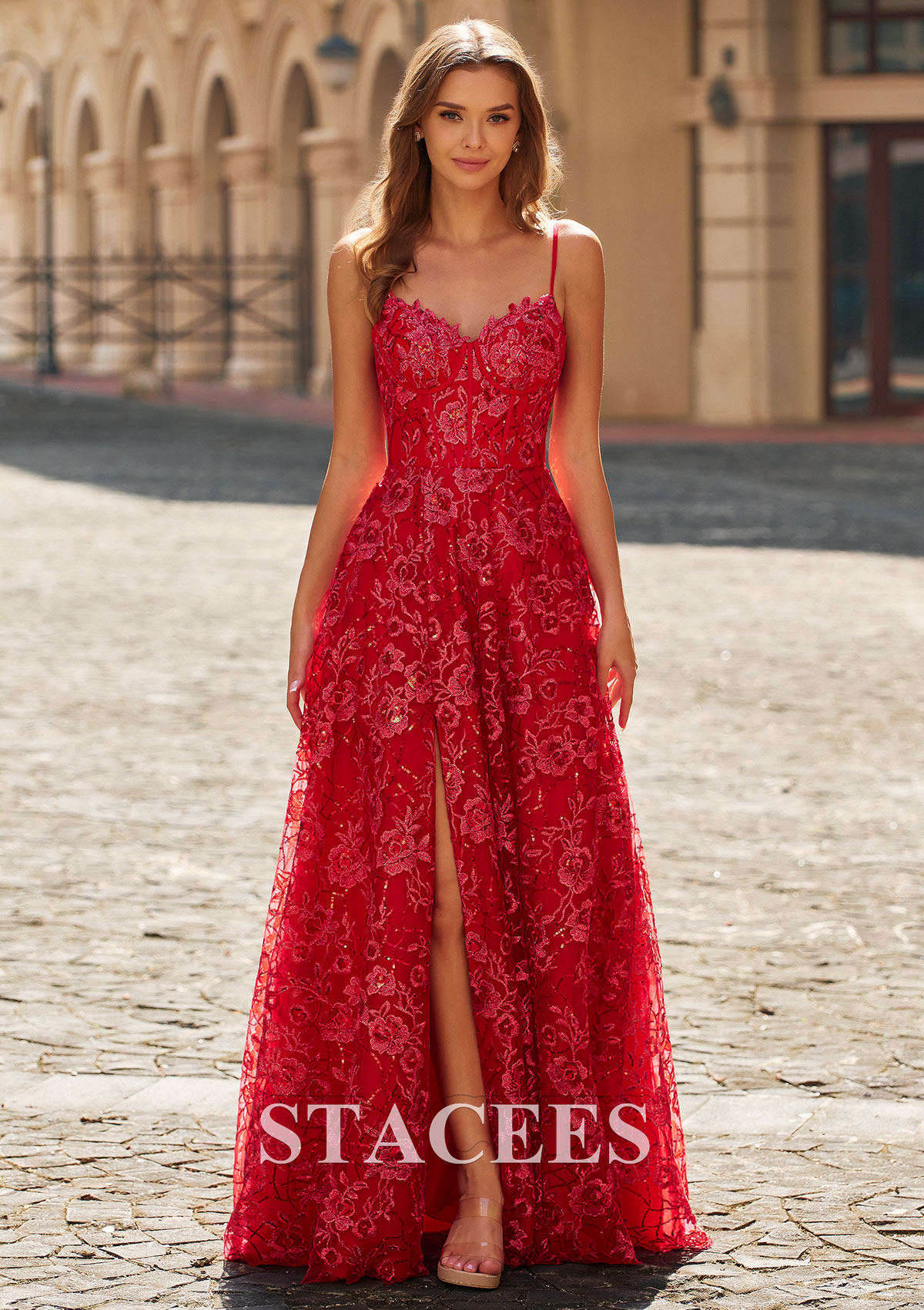 Red Glittering Floral Embroidery A-Line Prom Dress with Spaghetti Straps - STACEES