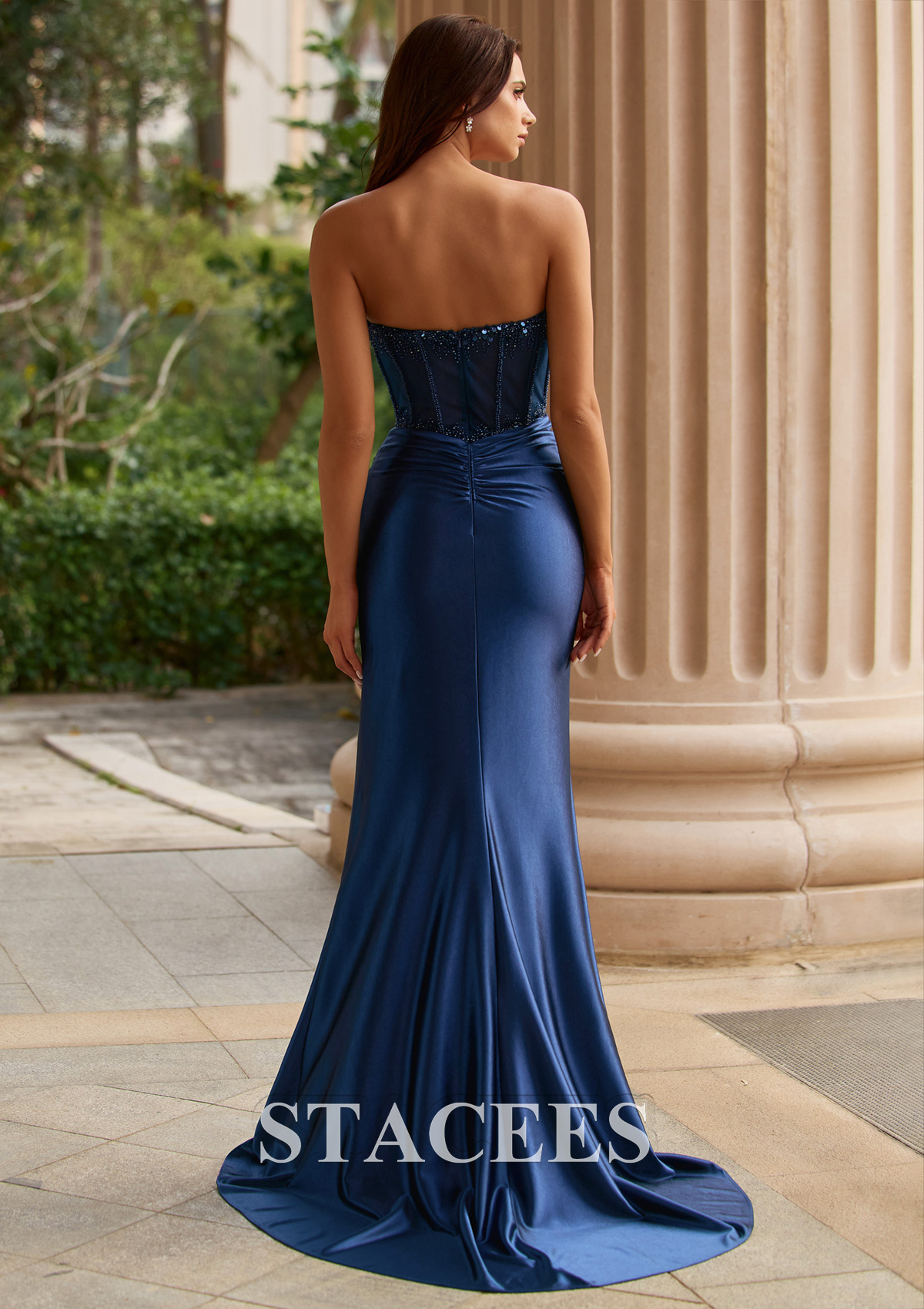 Bleu marine foncé Trumpette/Sirène cache coeur soie comme du satin traîne balayage robe de bal avec plissé paillettes - STACEES