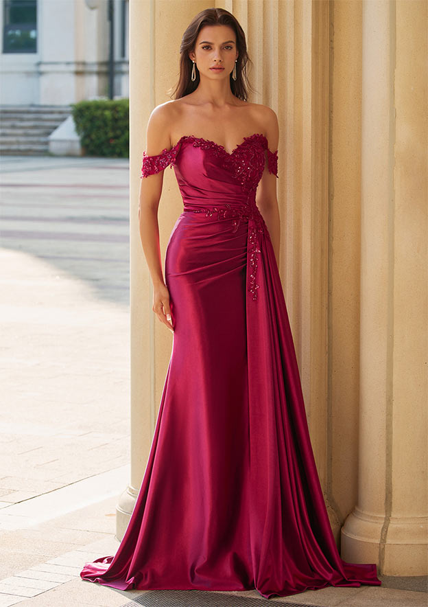 fitted corset off the shoulder formal prom dress reviews Stacees 2026 Off-the-Shoulder with Lace Applique Side Draping cap sleeves