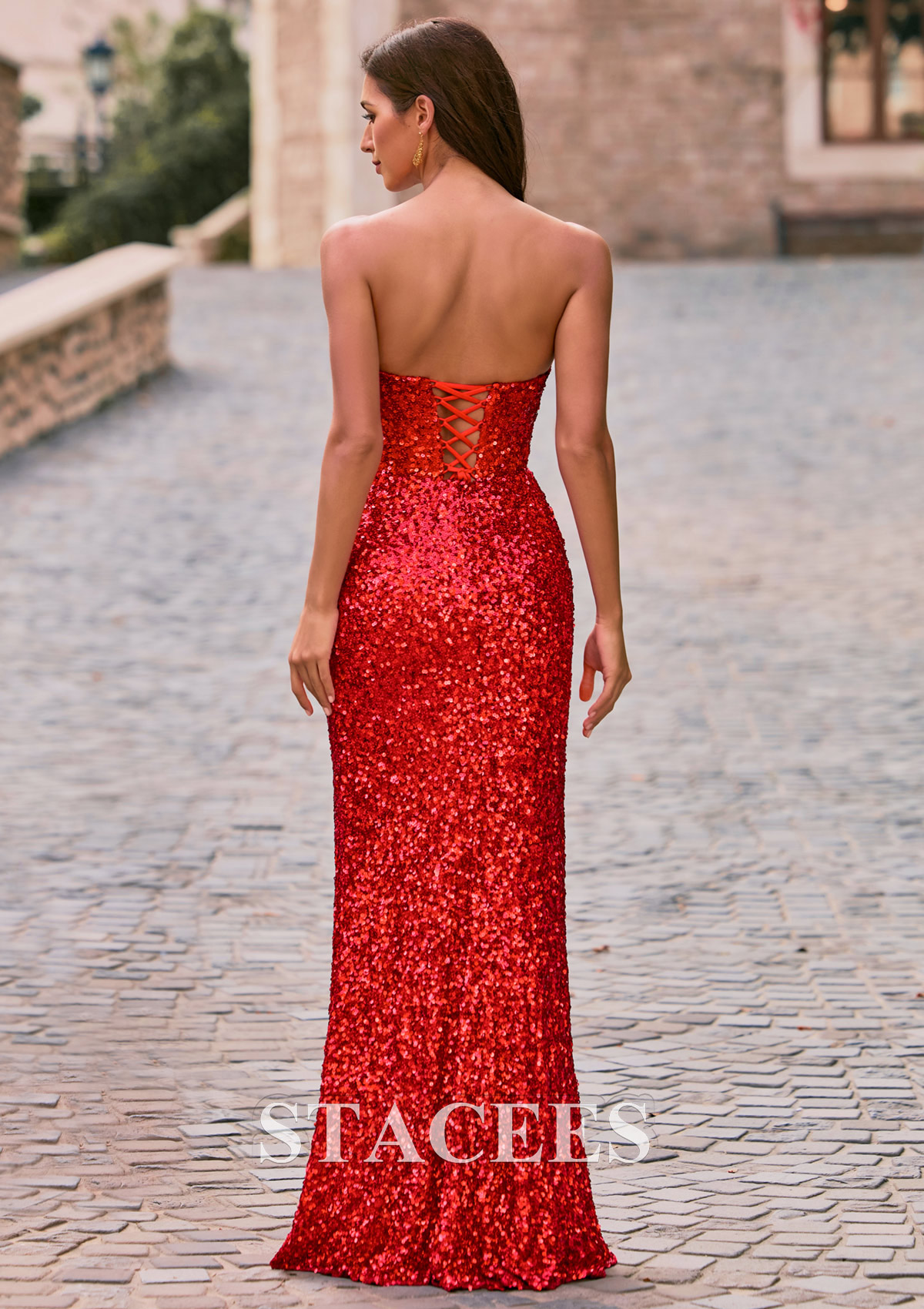 Red Sheath Sequin Strapless Prom Dress with High Slit and Lace-Up Back - STACEES