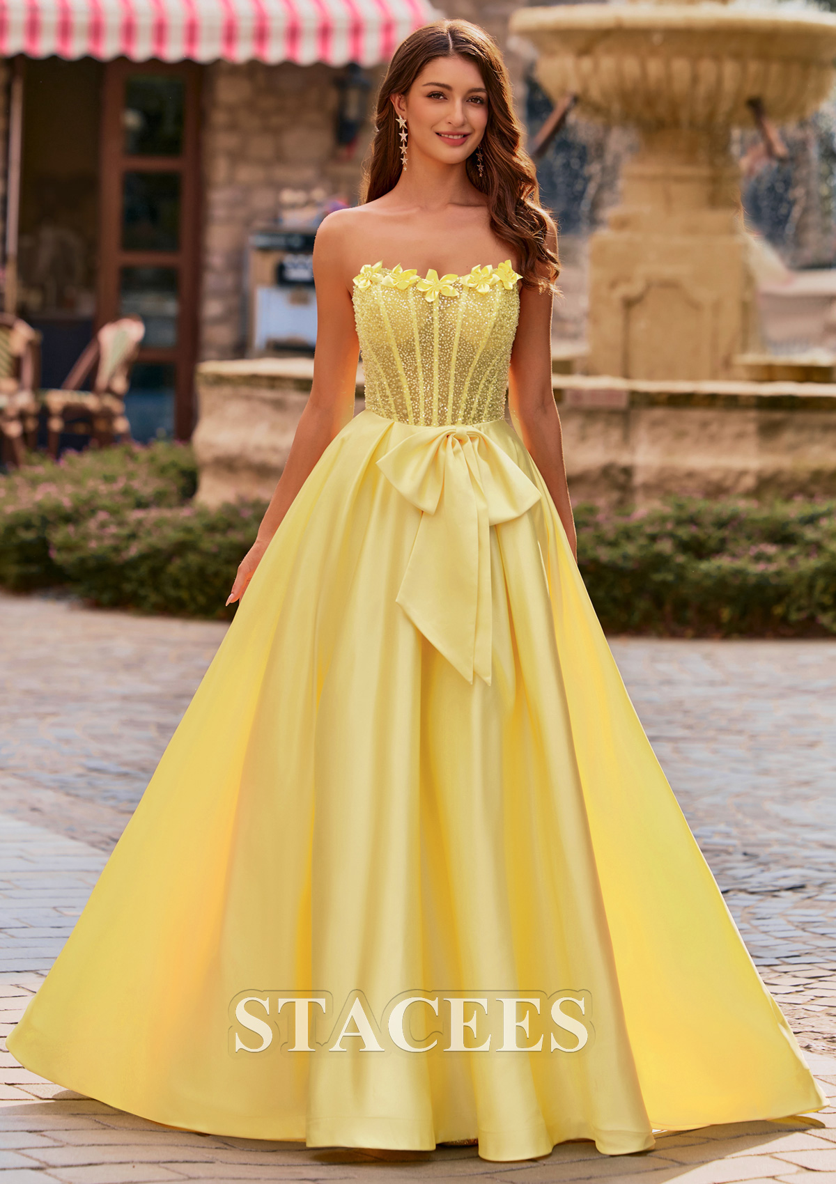 Daffodil Ball Gown Floral Strapless Beads Sheer Corset Prom Dress with Bowknot - STACEES